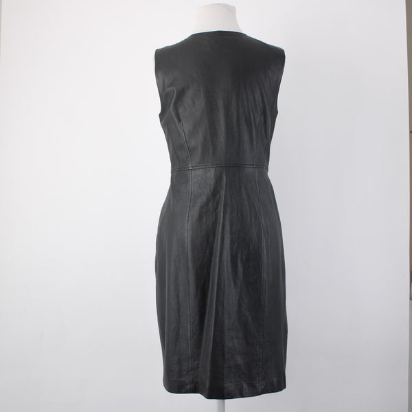 Elie Tahari Dress Sz 8 Black Sleeveless Zipper 100% Leather Poly Bodycon Dress
