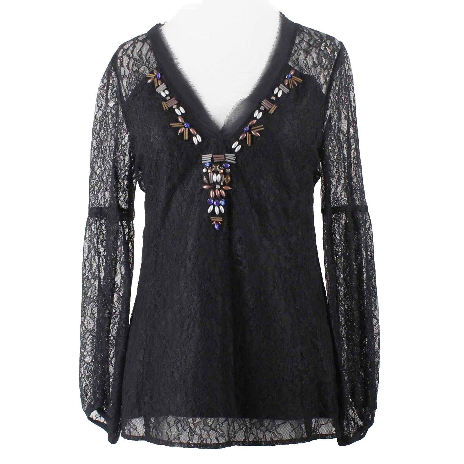 Nanette Lepore Sz 2 Black Nylon Lace Overlay Silk Lining Beaded Neck Top