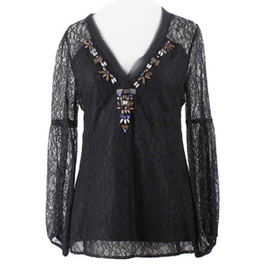 Nanette Lepore Sz 2 Black Nylon Lace Overlay Silk Lining Beaded Neck Top