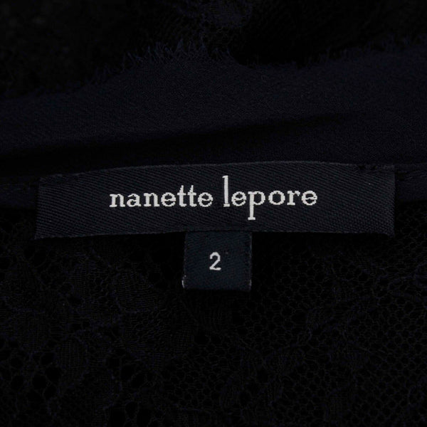 Nanette Lepore Sz 2 Black Nylon Lace Overlay Silk Lining Beaded Neck Top