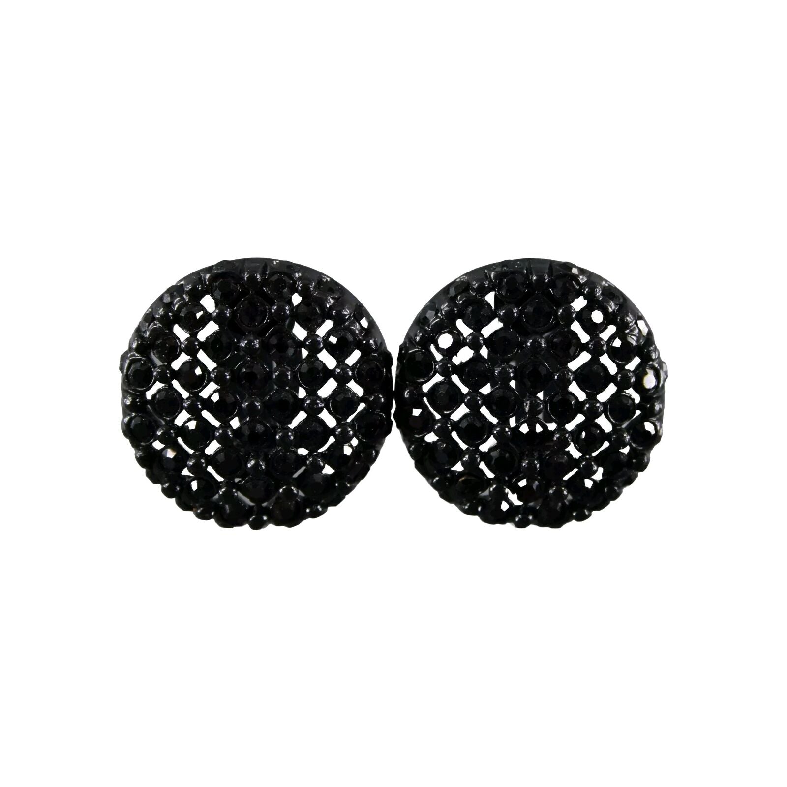 St John Black Pave Rhinestones Round 1" Huggie Clip On Earrings
