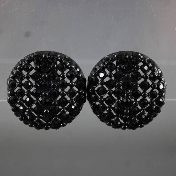 St John Black Pave Rhinestones Round 1" Huggie Clip On Earrings