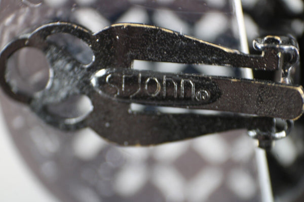 St John Black Pave Rhinestones Round 1" Huggie Clip On Earrings