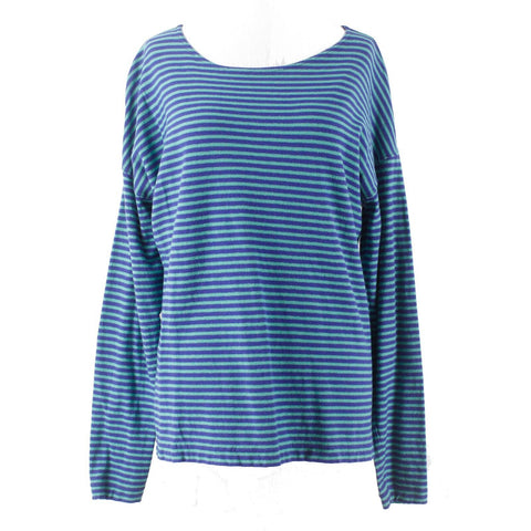 J Crew Sz M Aqua Royal Blue Stripe Slit Drop Shoulder Round Neck Cotton Knit Top