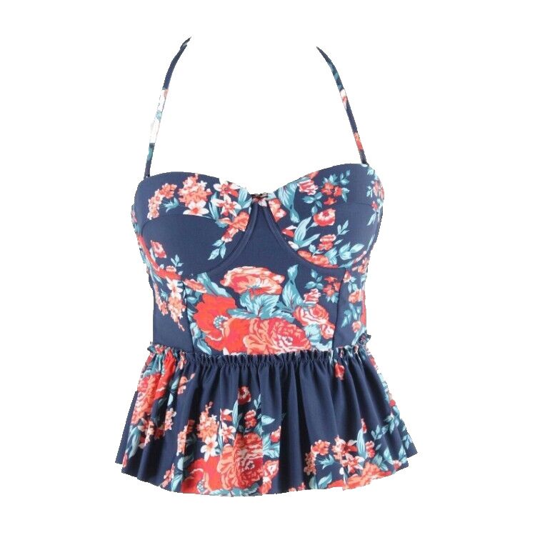 Cocoship Sz L Navy Blue Multi Floral Ruffle Nylon Blend Swim Top