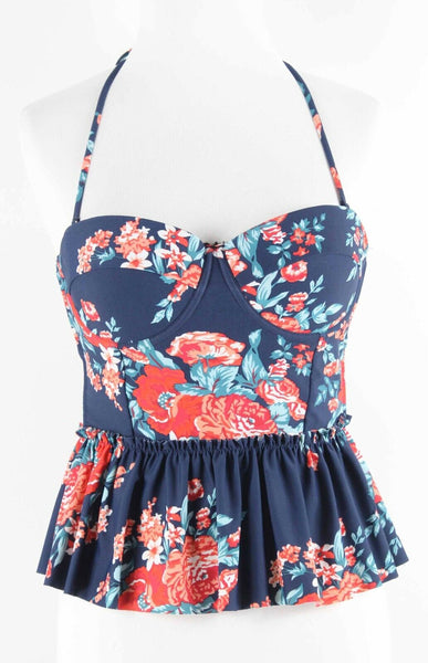 Cocoship Sz L Navy Blue Multi Floral Ruffle Nylon Blend Swim Top