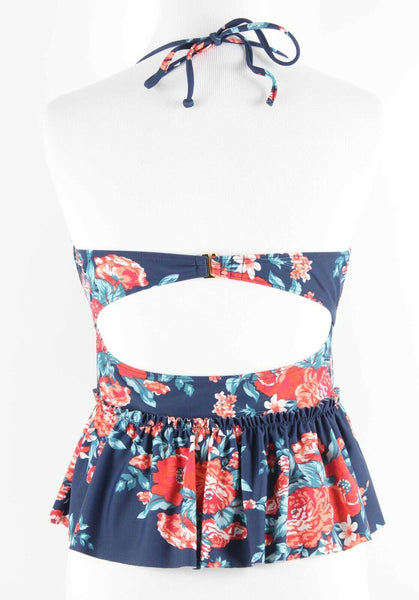 Cocoship Sz L Navy Blue Multi Floral Ruffle Nylon Blend Swim Top