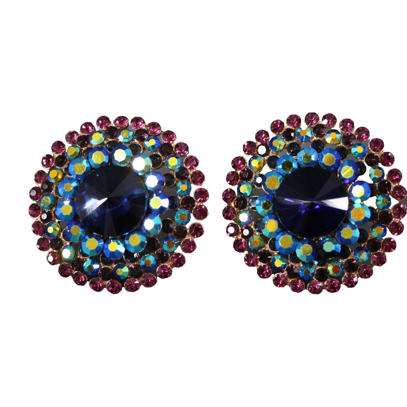 Bauble Navy Purple Multi Color Rhinestones 1.75" Huggie Clip On Earrings