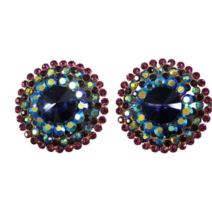 Bauble Navy Purple Multi Color Rhinestones 1.75" Huggie Clip On Earrings