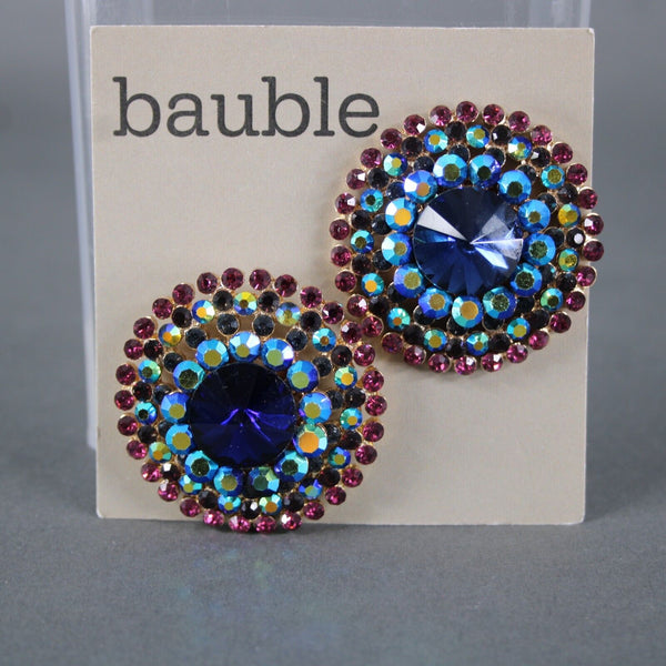 Bauble Navy Purple Multi Color Rhinestones 1.75" Huggie Clip On Earrings