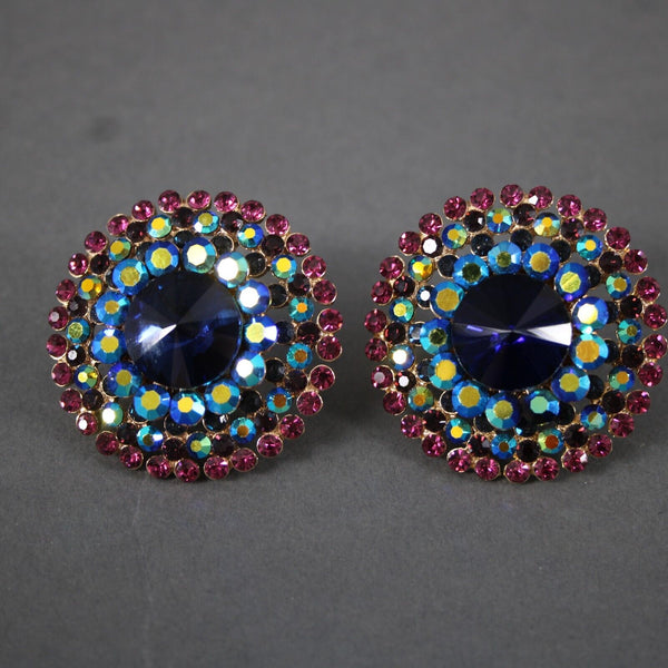 Bauble Navy Purple Multi Color Rhinestones 1.75" Huggie Clip On Earrings