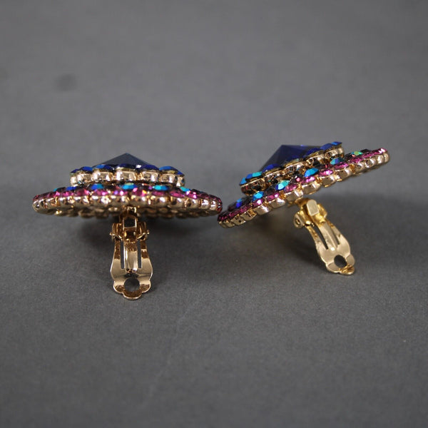 Bauble Navy Purple Multi Color Rhinestones 1.75" Huggie Clip On Earrings
