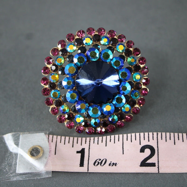 Bauble Navy Purple Multi Color Rhinestones 1.75" Huggie Clip On Earrings