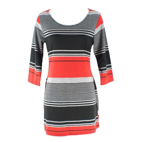 Chris & Carol Sz M Red Gray Charcoal Stripe Poly Rayon Tunic Top