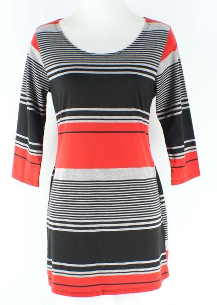 Chris & Carol Sz M Red Gray Charcoal Stripe Poly Rayon Tunic Top