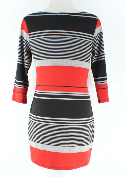 Chris & Carol Sz M Red Gray Charcoal Stripe Poly Rayon Tunic Top