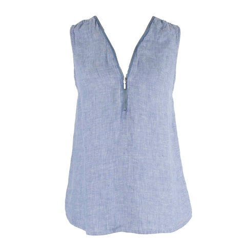 INC Sz 10P Blue Silver Partial Zip Neckline Split Side Woven 100% Linen Top