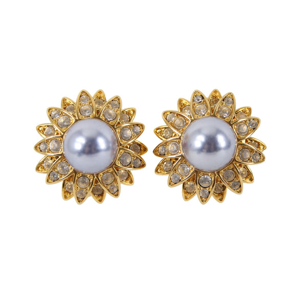 Joan Rivers 1" Gray Pearl Rhinestone Flower Motif Gold Tone Clip-On Earrings