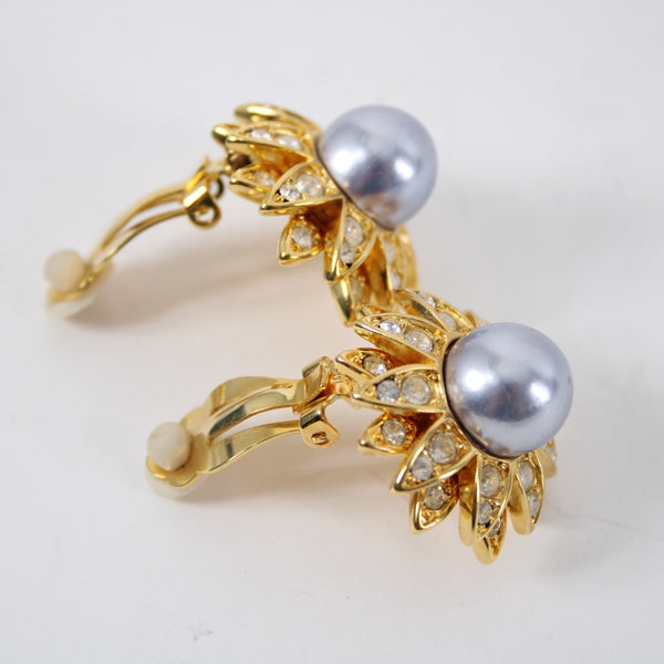 Joan Rivers 1" Gray Pearl Rhinestone Flower Motif Gold Tone Clip-On Earrings