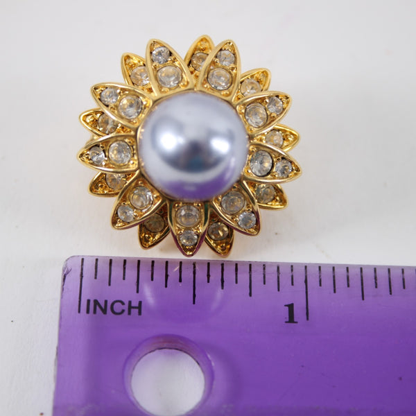 Joan Rivers 1" Gray Pearl Rhinestone Flower Motif Gold Tone Clip-On Earrings