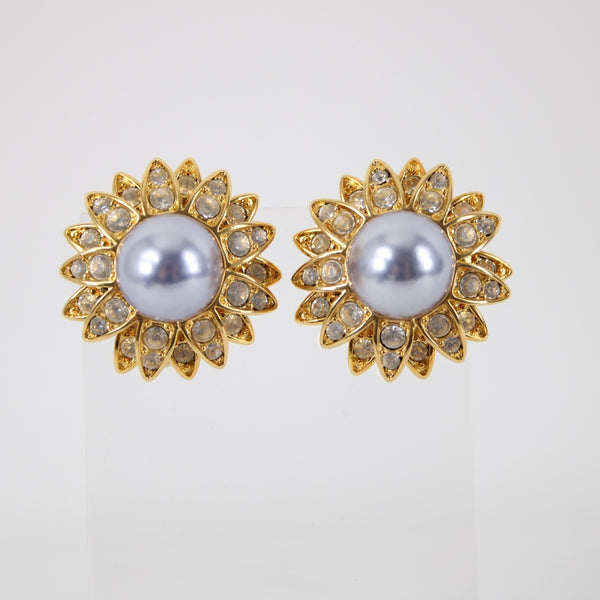 Joan Rivers 1" Gray Pearl Rhinestone Flower Motif Gold Tone Clip-On Earrings