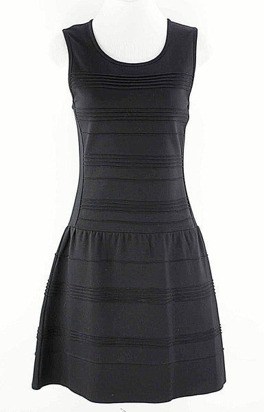 Wyatt Sz S Black Zip Fit Flare Vertical Pintuck Gathered Skirt Rayon Blend Dress