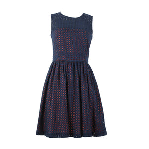 French Connection Sz 4 Navy Blue Pink Lined Embroidered Eyelet 100% Cotton Dress