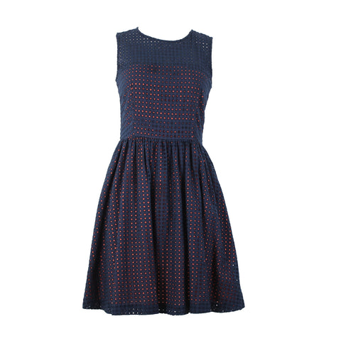 French Connection Sz 4 Navy Blue Pink Lined Embroidered Eyelet 100% Cotton Dress