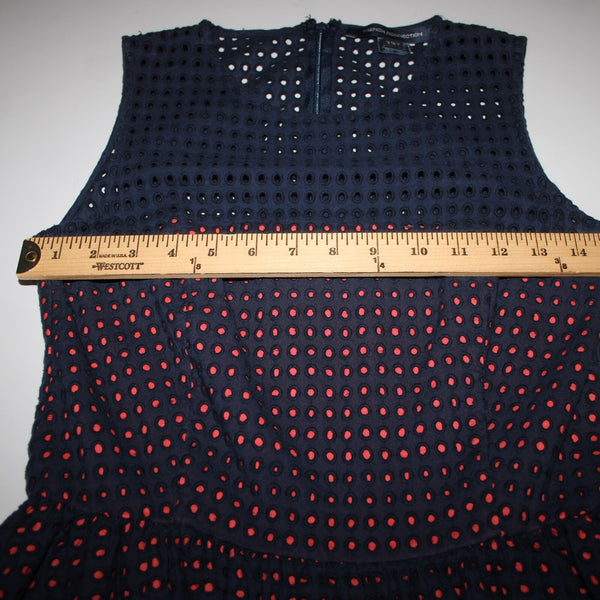 French Connection Sz 4 Navy Blue Pink Lined Embroidered Eyelet 100% Cotton Dress