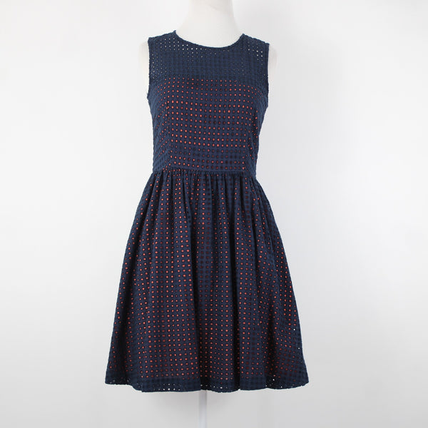 French Connection Sz 4 Navy Blue Pink Lined Embroidered Eyelet 100% Cotton Dress