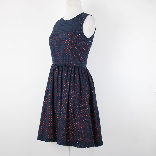 French Connection Sz 4 Navy Blue Pink Lined Embroidered Eyelet 100% Cotton Dress