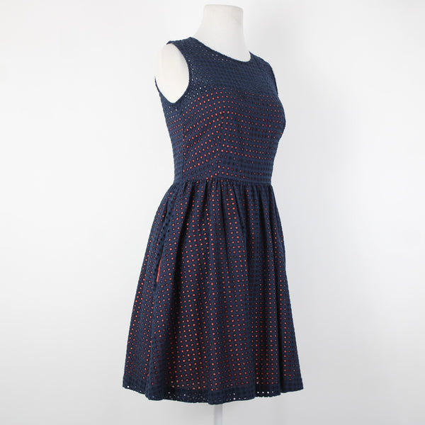 French Connection Sz 4 Navy Blue Pink Lined Embroidered Eyelet 100% Cotton Dress