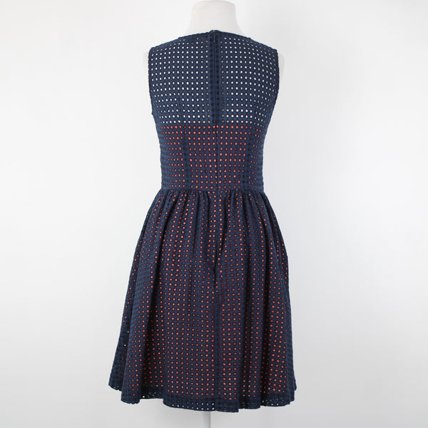 French Connection Sz 4 Navy Blue Pink Lined Embroidered Eyelet 100% Cotton Dress