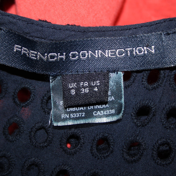 French Connection Sz 4 Navy Blue Pink Lined Embroidered Eyelet 100% Cotton Dress