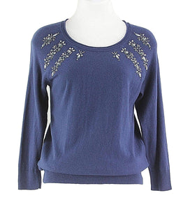 Apt.9 Sz S Navy Beaded Neckline 3/4 Sleeve Cotton Rayon Knit Nylon Top