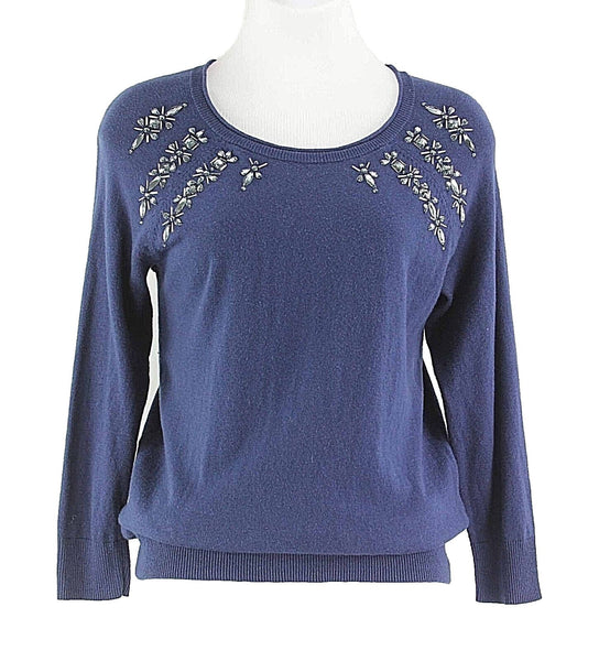 Apt.9 Sz S Navy Beaded Neckline 3/4 Sleeve Cotton Rayon Knit Nylon Top