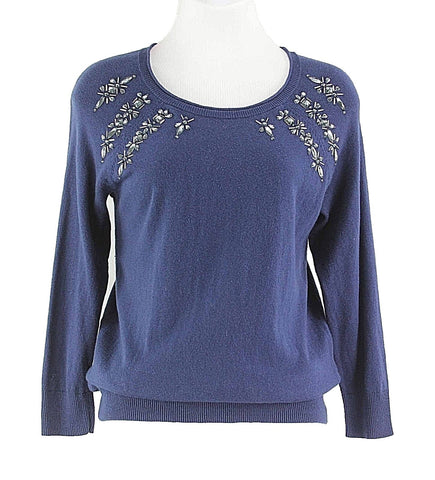 Apt.9 Sz S Navy Beaded Neckline 3/4 Sleeve Cotton Rayon Knit Nylon Top