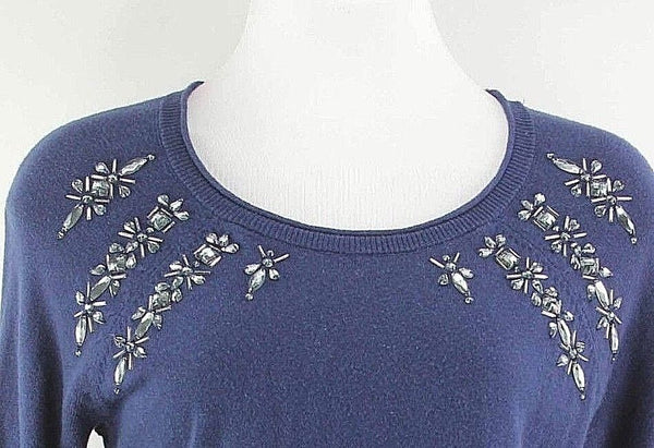 Apt.9 Sz S Navy Beaded Neckline 3/4 Sleeve Cotton Rayon Knit Nylon Top