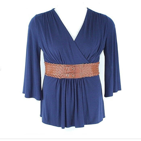 Soft Surroundings Sz M Navy Blue Bell Sleeve w Camel Belt Viscose Spandex Top