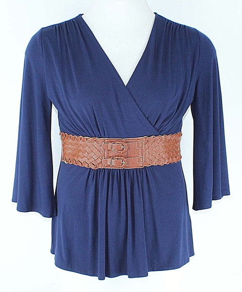 Soft Surroundings Sz M Navy Blue Bell Sleeve w Camel Belt Viscose Spandex Top