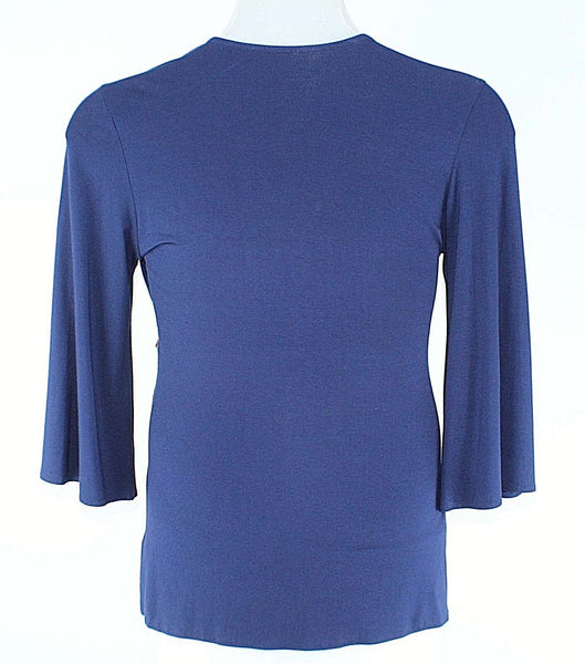 Soft Surroundings Sz M Navy Blue Bell Sleeve w Camel Belt Viscose Spandex Top