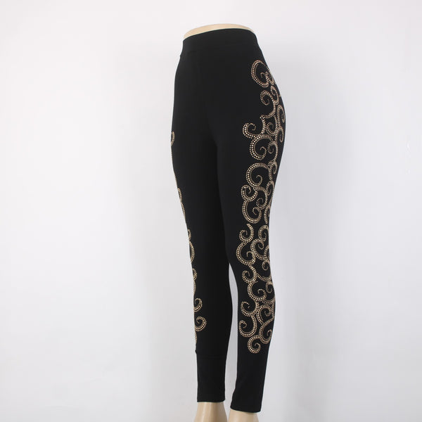 Mode Lia Legging Pant Sz L x 29 Black Gold Embellishment Swirls Rayon Leggings