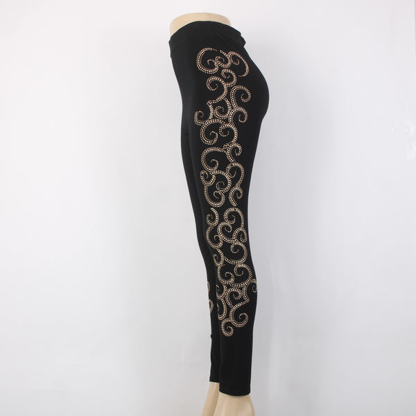 Mode Lia Legging Pant Sz L x 29 Black Gold Embellishment Swirls Rayon Leggings