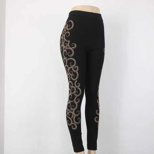 Mode Lia Legging Pant Sz L x 29 Black Gold Embellishment Swirls Rayon Leggings