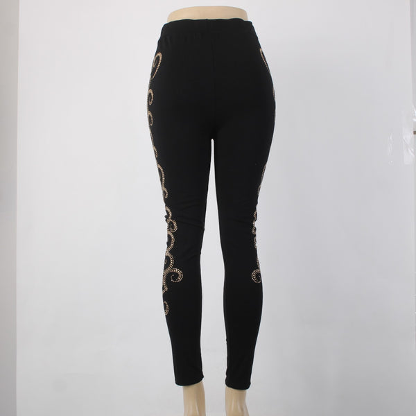 Mode Lia Legging Pant Sz L x 29 Black Gold Embellishment Swirls Rayon Leggings
