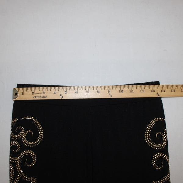 Mode Lia Legging Pant Sz L x 29 Black Gold Embellishment Swirls Rayon Leggings