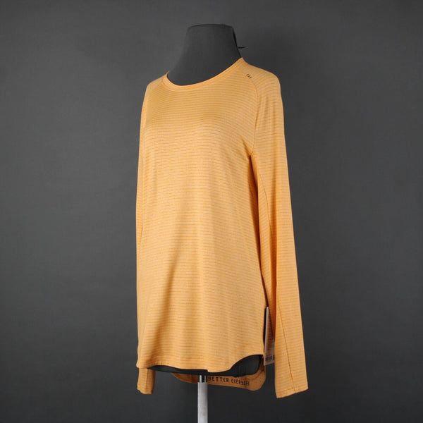 Lululemon NEW Sz M Orange White Gray Striped Dry Sense Long Sleeve Poly AW Top