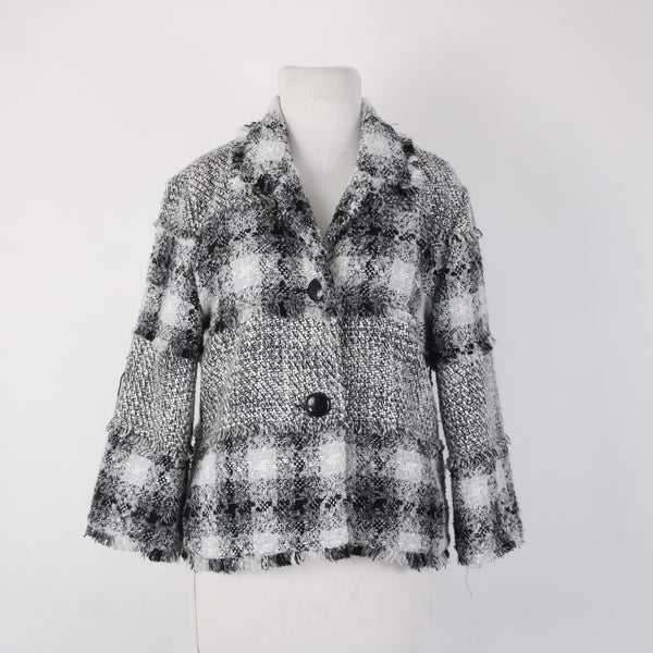 Ruby Rd Jacket Sz 10 Black White Check Buttons Collared Acrylic Poly Metallic