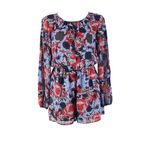 Leith Sz S Blue Red Floral Cold Shoulder Keyhole Lined 100% Polyester Romper