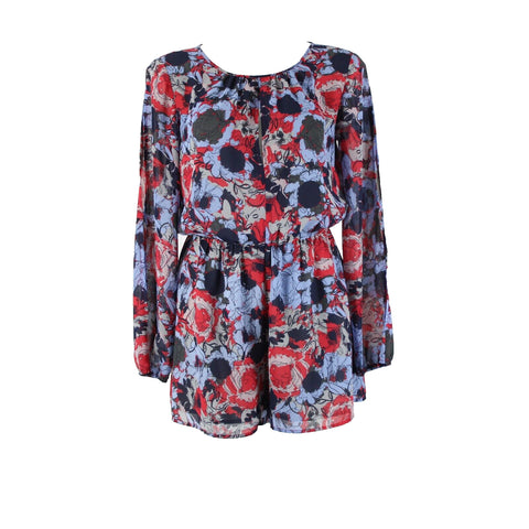 Leith Sz S Blue Red Floral Cold Shoulder Keyhole Lined 100% Polyester Romper